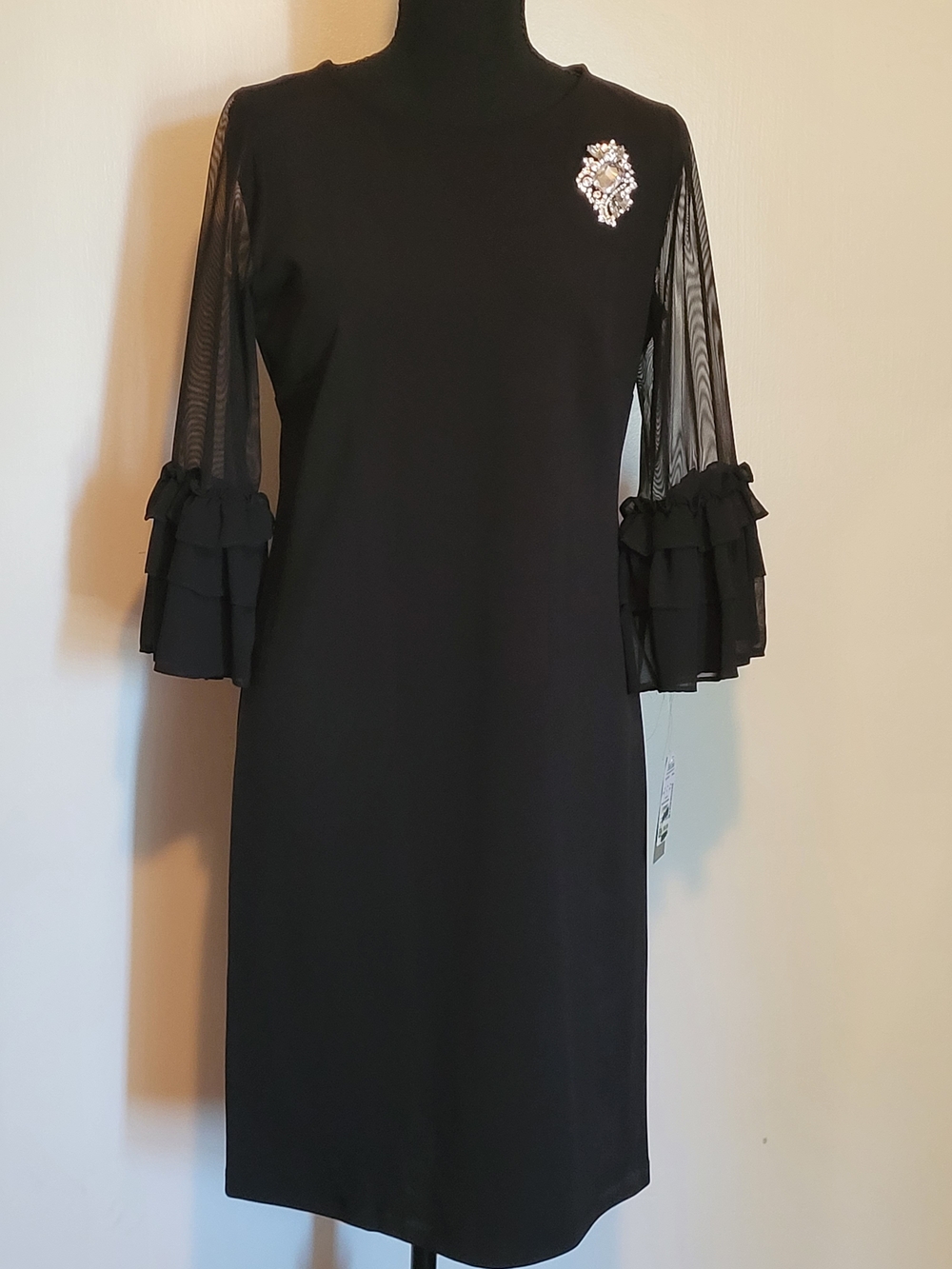 Badgley Mischka Black Midi Dress with Sheer Ruffle Sleeves and Rhinestone Brooch